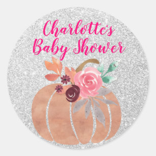 Sticker Rond Automne Floral Citrouille Baby shower rose argent