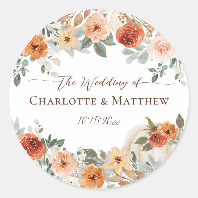 Sticker Rond Automne Floral Citrouille Mariage (Devant)