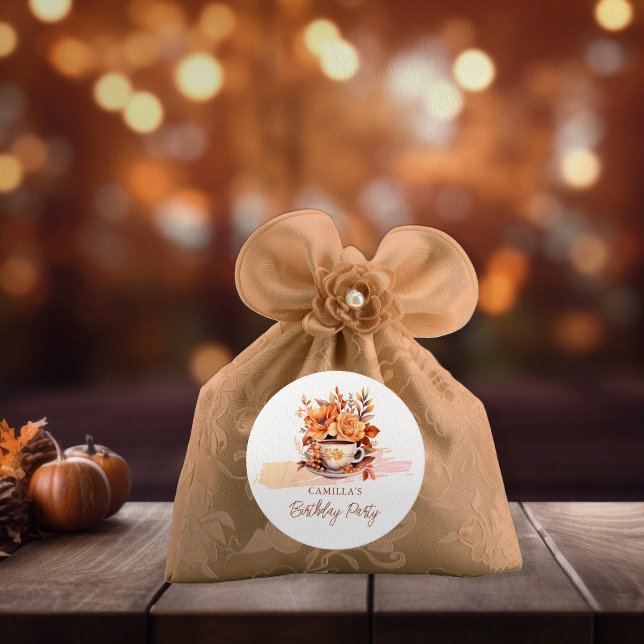 Sticker Rond Automne Floral Cottage Core Teacup Anniversaire Te (Fall Floral Cottage Core Teacup Birthday Tea Party Favor Classic Round Sticker)