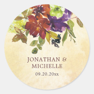 Sticker Rond Automne Floral Purple Burnt Orange Vert Mariage