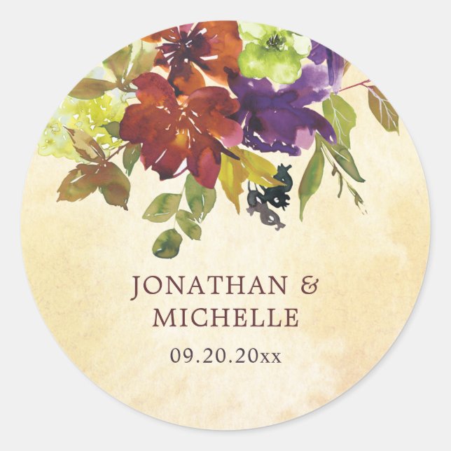Sticker Rond Automne Floral Purple Burnt Orange Vert Mariage (Devant)