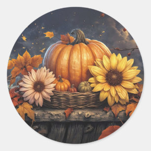 Sticker Rond Automne Halloween Thanksgiving Citrouille Feuillag