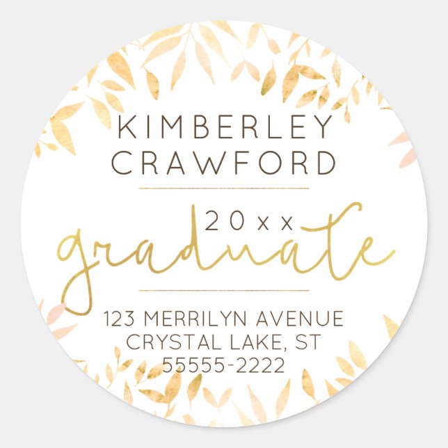 Sticker Rond Automne Leaves & Gold Script Graduate Adresse de r (Devant)