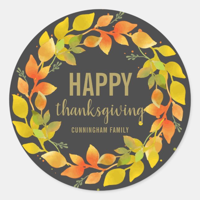 Sticker Rond Automne Moderne Feuilles de Wreath | Thanksgiving (Devant)