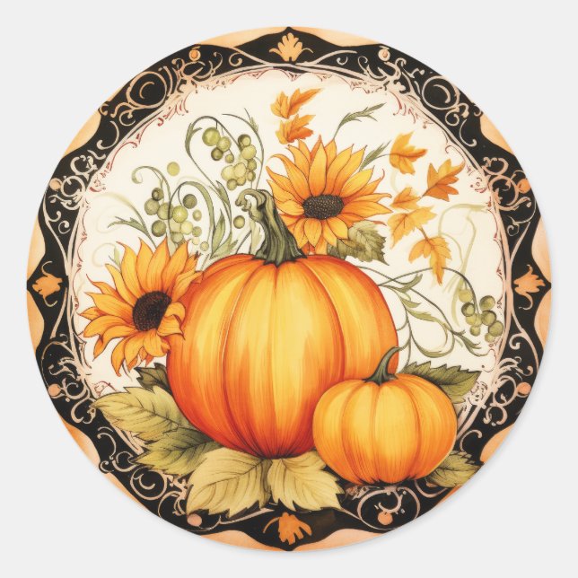 Sticker Rond Automne Orange Citrouille Floral (Devant)