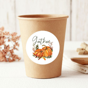 Sticker Rond Automne Orange Citrouille Leaf Rassembler Thankgiv