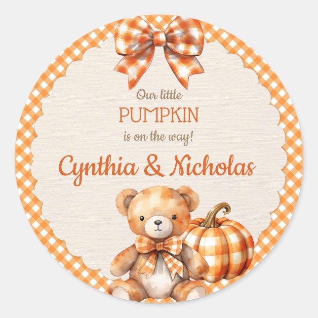 Sticker Rond Automne Plaid Teddy Bear Citrouille Feuilles (Devant)