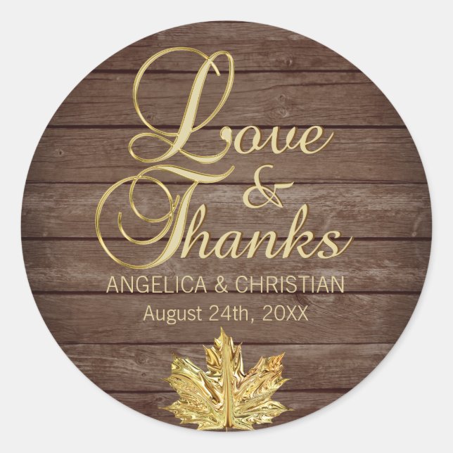 Sticker Rond Automne Rustique Gold LOVE & MERCI Mariage (Devant)