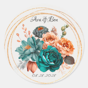 Sticker Rond Automne Turquoise et Terracotta Peony Mariage or