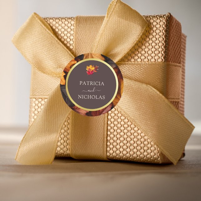 Sticker Rond Automne Woody Brown & Elégant cadre doré Mariage (Créateur téléchargé)