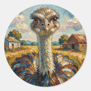 Sticker Rond Autruche drôle à l'impasto dans un ranch 