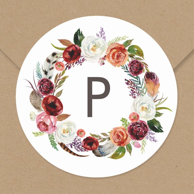 Sticker Rond Autumn Boho Blooms Wreath Mariage Monogramme (Créateur téléchargé)