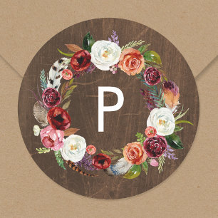 Sticker Rond Autumn Boho Blooms Wreath Mariage Monogramme