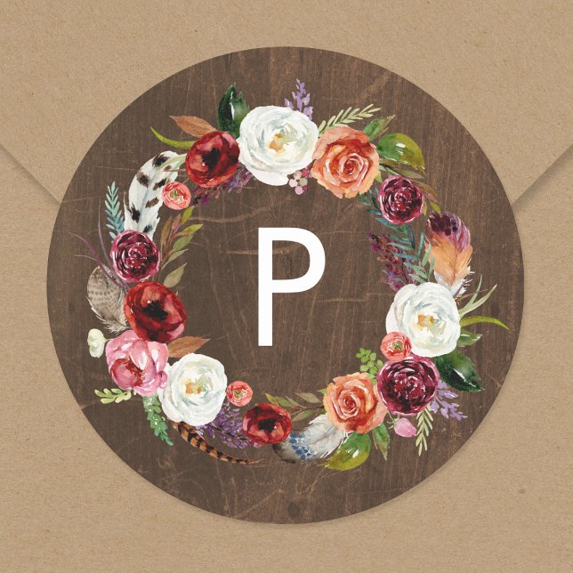 Sticker Rond Autumn Boho Blooms Wreath Mariage Monogramme (Créateur téléchargé)