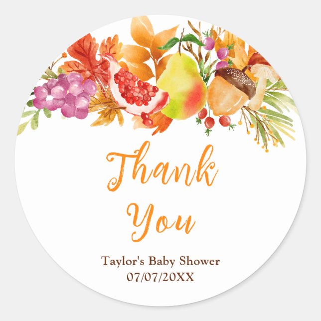 Sticker Rond Autumn Fall Harvest Baby Shower Thank You (Devant)
