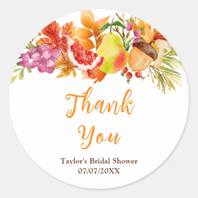 Sticker Rond Autumn Fall Harvest Bridal Shower Thank You (Devant)