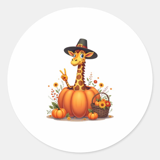 Sticker Rond Autumn Pumpkin Fall Giraffe Thanksgiving Womens Me (Devant)