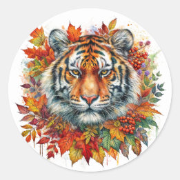 Sticker Rond Autumn Tiger Face Among Fall Leaves