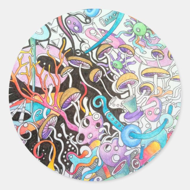 Sticker rond aux champignons magiques (Devant)
