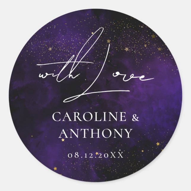 Sticker Rond Avec amour Merci d'or magique violet foncé (Devant)