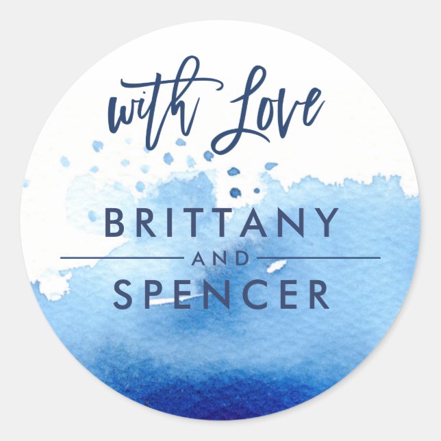 Sticker Rond AVEC AMOUR moderne lettré main bleu aquarelle (Devant)