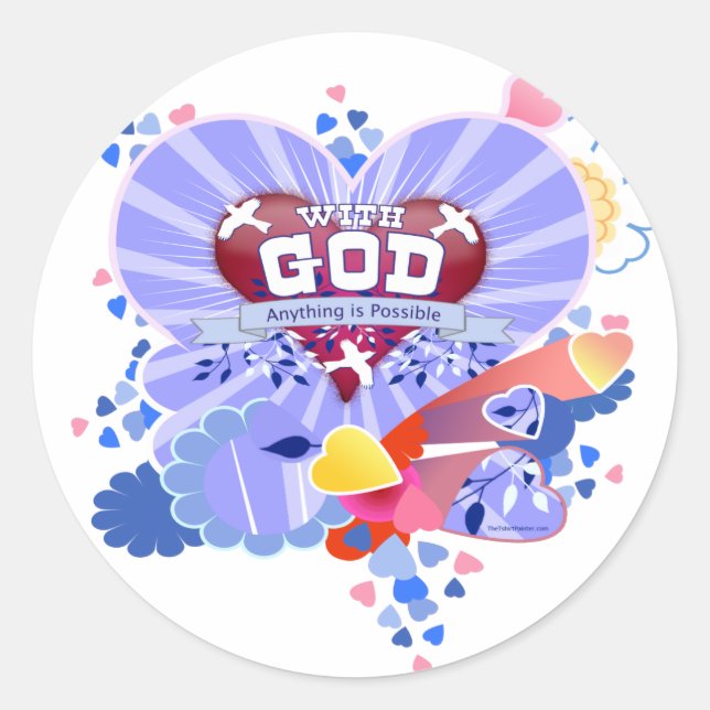Sticker Rond Avec Dieu Coeurs (Devant)