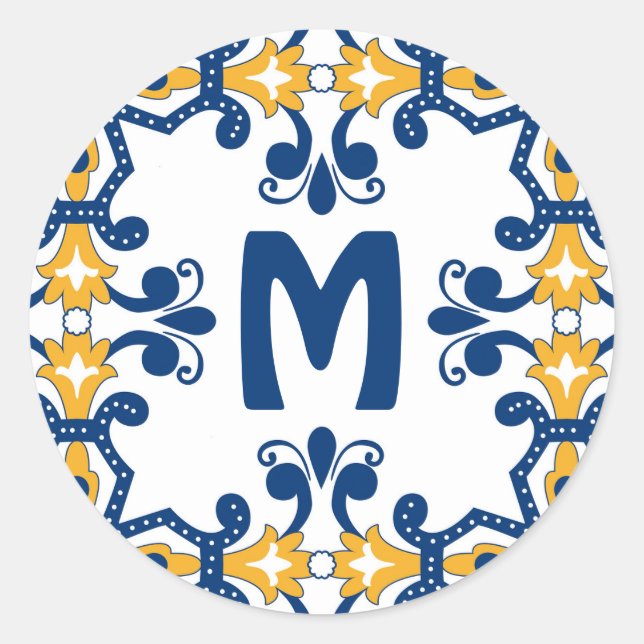 Sticker Rond Avec 💛 initial 💙 bleu et jaune Azulejos (Devant)