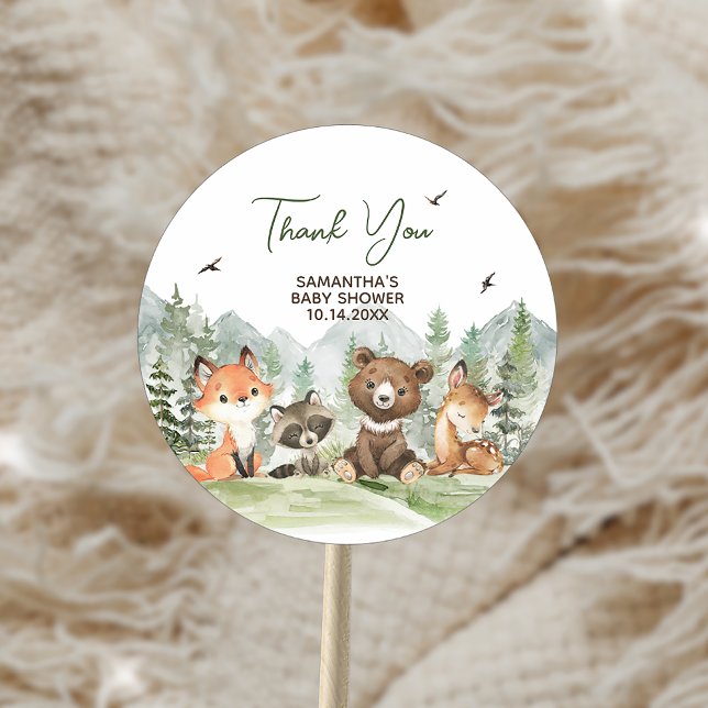 Sticker Rond Aventure Commencer le Baby shower des animaux des  (Adventure Begin Woodland Animals Baby Shower Sticker)