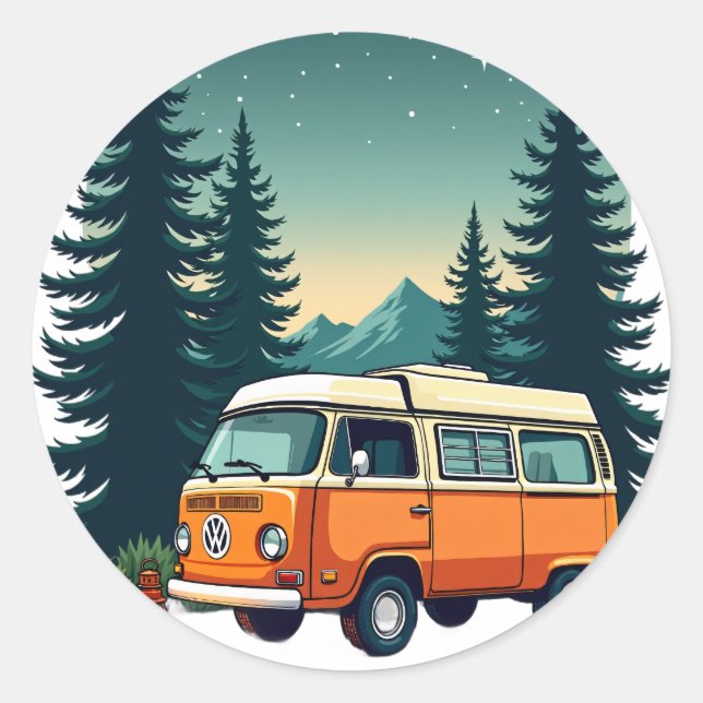 Sticker Rond Aventure de camping rétro Van Life Explorateur de  (Devant)