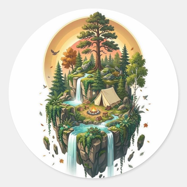 Sticker Rond Aventure de camping sur une île flottante  (Devant)