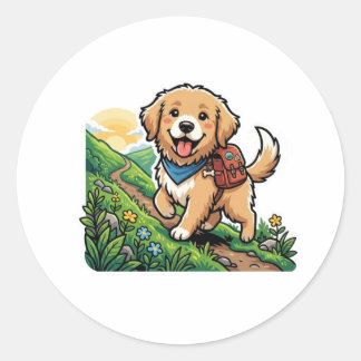 Sticker Rond Aventure de chiot Retriever doré de randonnée mign