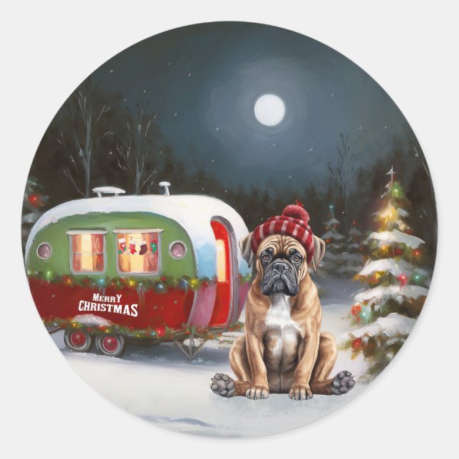 Sticker Rond Aventure de Noël de la caravane Boxer d'hiver (Devant)