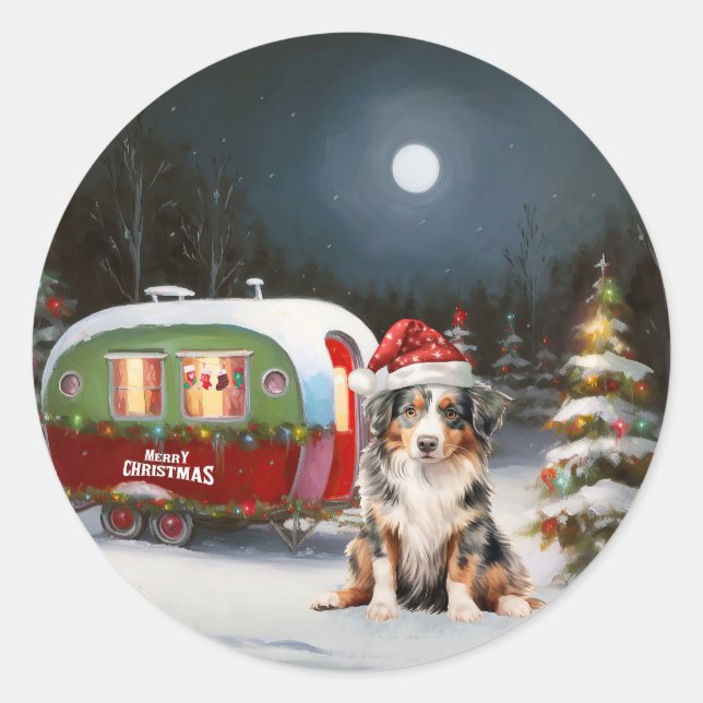 Sticker Rond Aventure de Noël en caravane de Berger Australien (Devant)