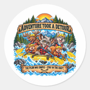 Sticker Rond Aventure de radeau en eau vive Raton laveur Élan