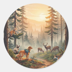 Sticker Rond Aventure des animaux de la forêt au coucher du sol