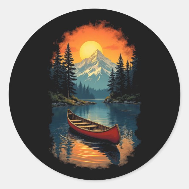 Sticker Rond Aventure en canoë - Retro Lake Sunset (Devant)
