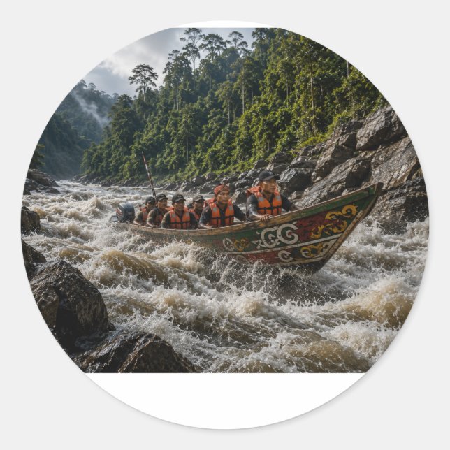 STICKER ROND AVENTURE EN LONGUEUR DE DAYAK SUR LES RAPIDES SAUV (Devant)