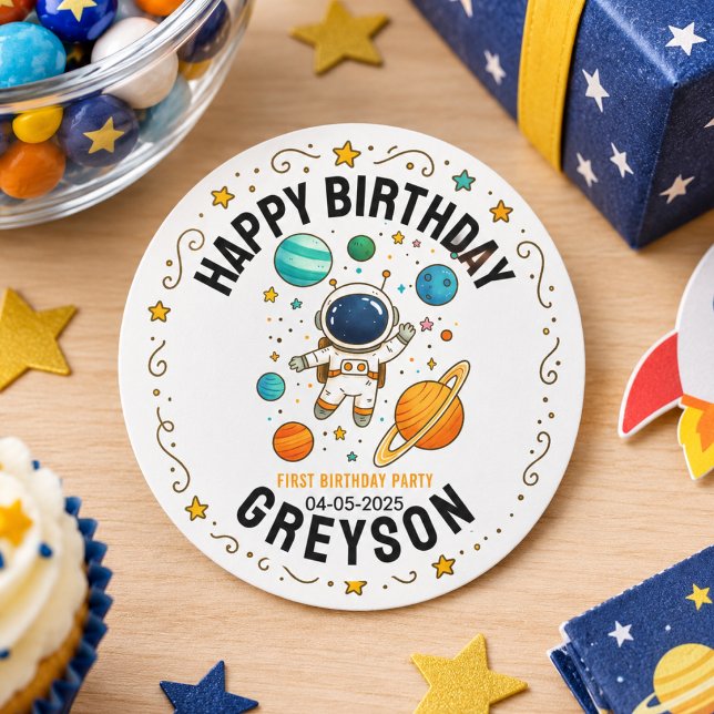 Sticker Rond Aventure spatiale 1er anniversaire | Fête dans l'e (Space Adventure 1st Birthday | Outer Space Party Classic Round Sticker)