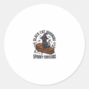 Sticker Rond Avertissement Chat Noir Halloween Sorcière Vintage