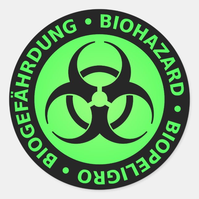 Sticker Rond Avertissement de risque biologique trilingue vert (Devant)