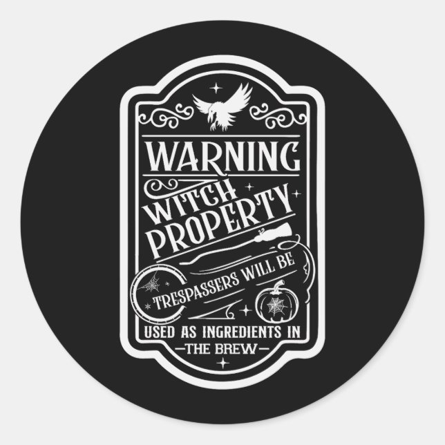 Sticker Rond Avertissement de sorcière effrayant Halloween (Devant)