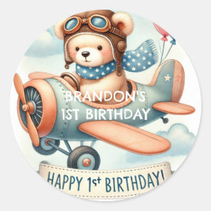 Sticker Rond Avion Boy Bear 1ère fête d'anniversaire