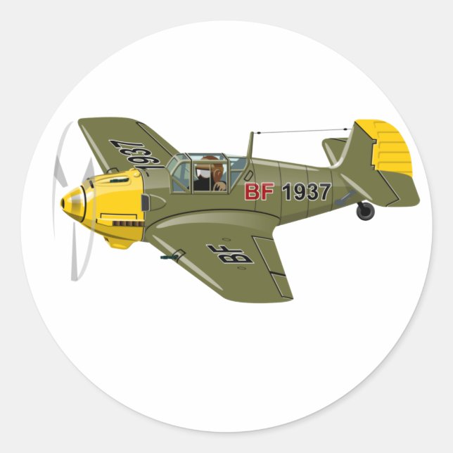 Sticker Rond Avion de chasseur rétro-dessiné (Devant)