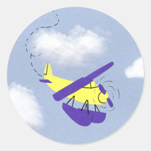 Sticker Rond Avion Jaune et Bleu Cartoon Art