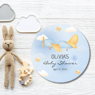 Sticker Rond Avion, Nuages & Etoiles, Bleu, Bébé garçon, mignon