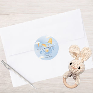 Sticker Rond Avion, Nuages & Etoiles, Bleu, Bébé garçon, mignon