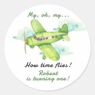 Sticker Rond Avion Oh Mon Temps Passe Voyage Premier Anniversai