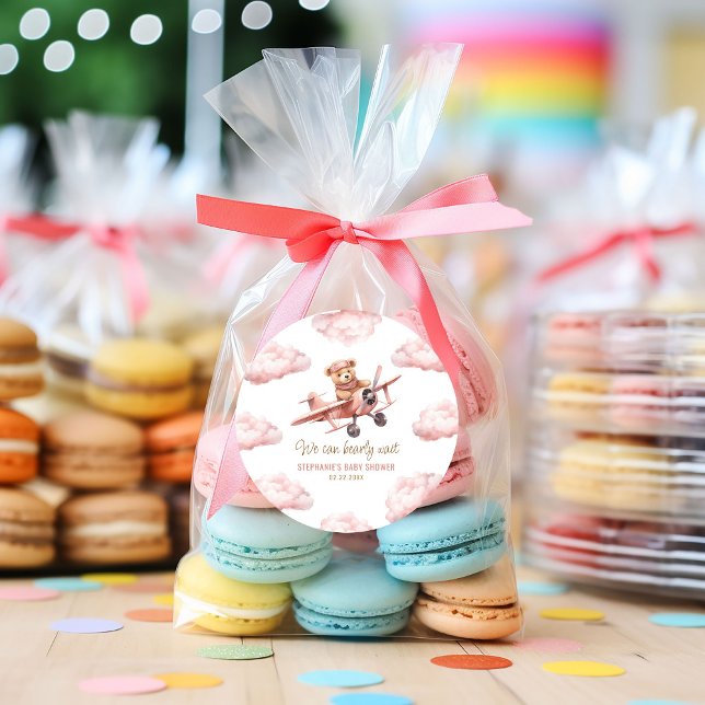 Sticker Rond Avion Ourson Mignon Fille Rose Baby Shower (Cute Bear Airplane Pink Girl Baby Shower Classic Round Sticker)