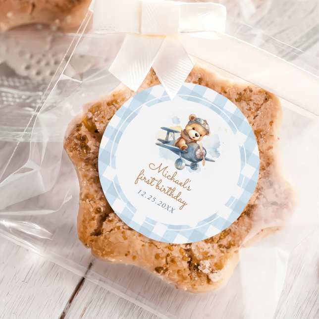 Sticker Rond Avion Teddy Bear Bleu 1er anniversaire (Créateur téléchargé)