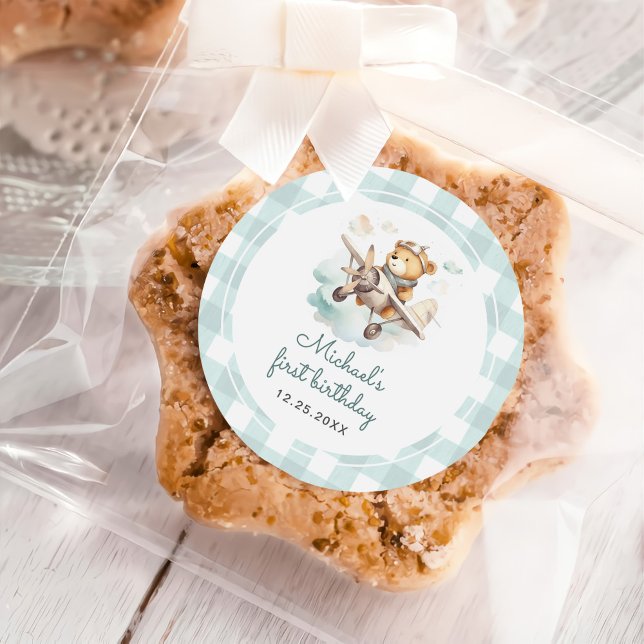 Sticker Rond Avion Teddy Bear Pastel En vichy 1er anniversaire (Créateur téléchargé)